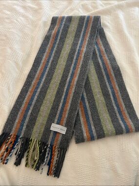 Paulette Rollo Striped long Wool muffler Scarf in Gray, Green & Blue